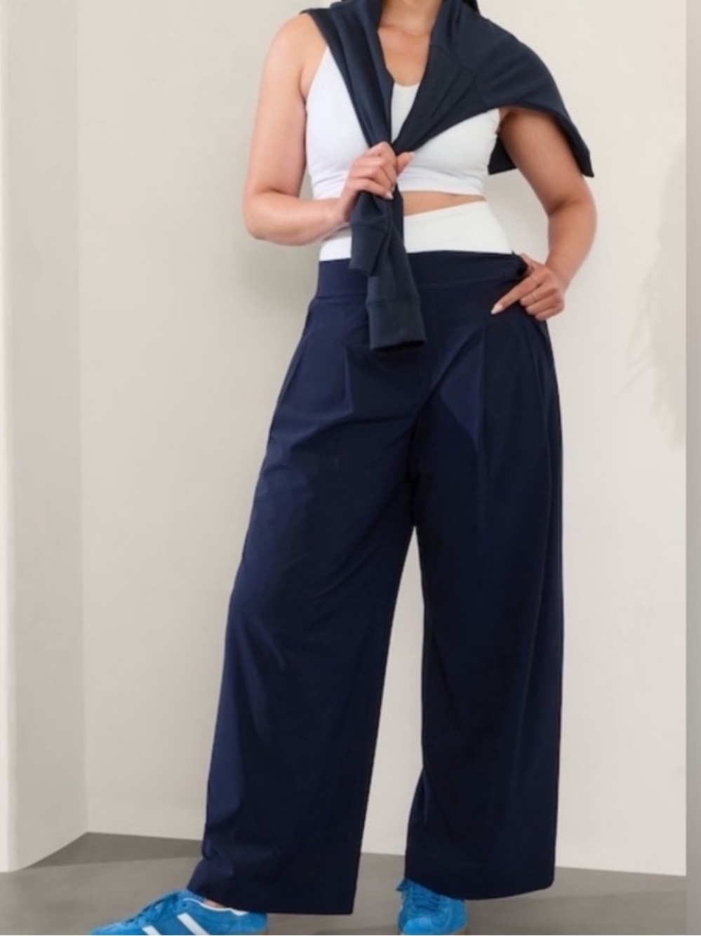 Athleta Brooklyn Heights High Rise Pleated Wide Leg Pant, Navy, Size 16